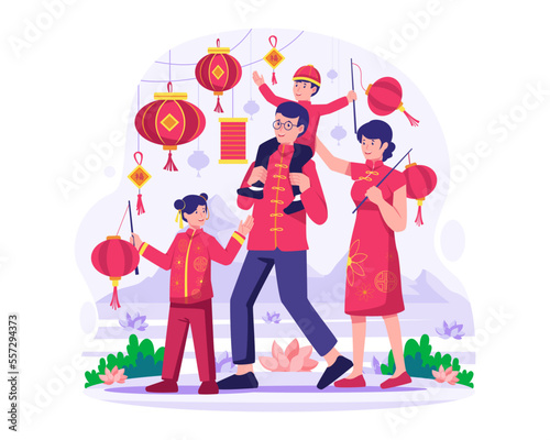 The Asian Family in traditional dress celebrates the Chinese new year. The parent and his children taking a walk. Dad holds the son on his shoulders. Vector illustration