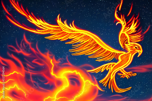 image made by AI An image of a Phoenix in flames, flying in the night sky. © kyo