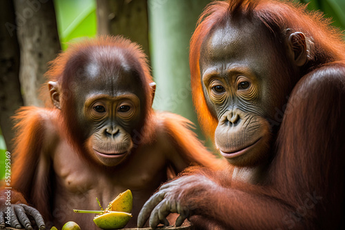 Orangutans in Semenggoh, Sarawak, Eating a Coconut. Generative AI