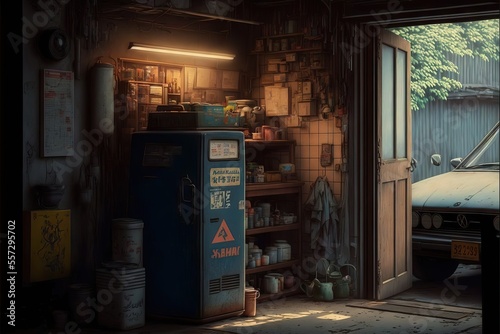 Old Vintage Style Garage, With Objects and Tools Stored, and Also a Car ready for being repared and cleaned photo