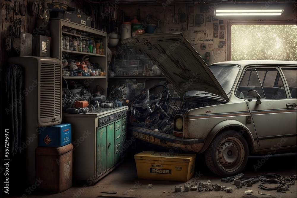 Old Vintage Style Garage, With Objects and Tools Stored, and Also a Car ready for being repared and cleaned