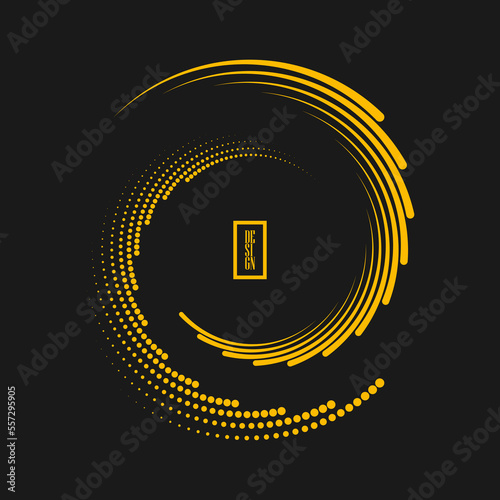 Yellow circular halftone dots and lines. Geometric art. Design element for border frame, round logo, blackout tattoo, sign, symbol, social media, prints, template, pattern and abstract backdrop