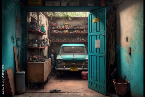 Old Vintage Style Garage, With Objects and Tools Stored, and Also a Car ready for being repared and cleaned photo