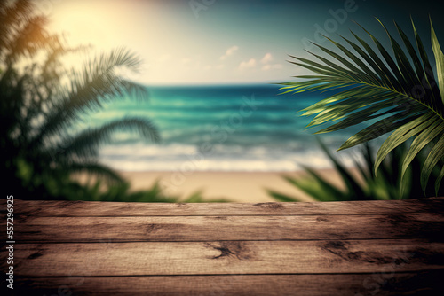 At a tropical beach, the top of a wood table has a seascape and palm leaves with bokeh light from the still water and sky. Generative AI
