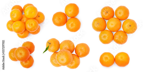 Set with fresh ripe tangerines on white background, top view