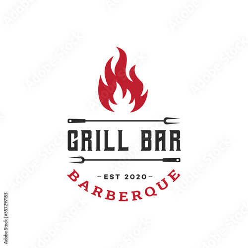 Vintage Retro Rustic BBQ Grill, Barbecue, Barbeque, Label Stamp Logo design vector, Barbecue logo with meat cutlery and fire combined in beautiful typography