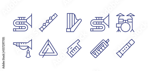 Music instruments line icon set. Editable stroke. Vector illustration. Containing trombone, flute, harp, drums, wind instrument, triangle, keytar, melodica.