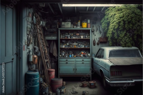 Old Vintage Style Garage, With Objects and Tools Stored, and Also a Car ready for being repared and cleaned photo