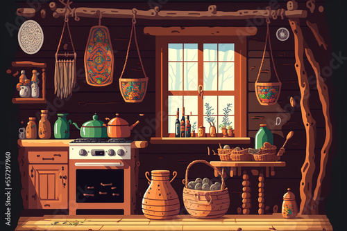 Ancient infant cradle, Russian stove, spindle, samovar, dried herbs, balalaika, Matryoshka, bast shoes, jam, wooden bucket, windows, and door may be seen inside an old Russian cabin. Interior of an ol photo