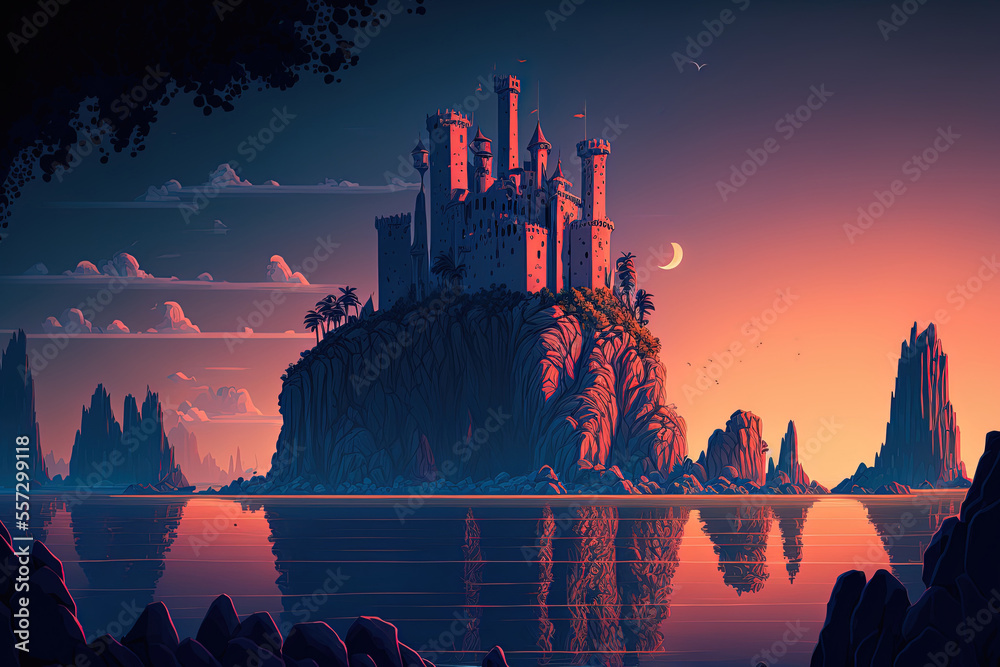 Cartoon depiction of a medieval castle on an island in the sea at dusk ...