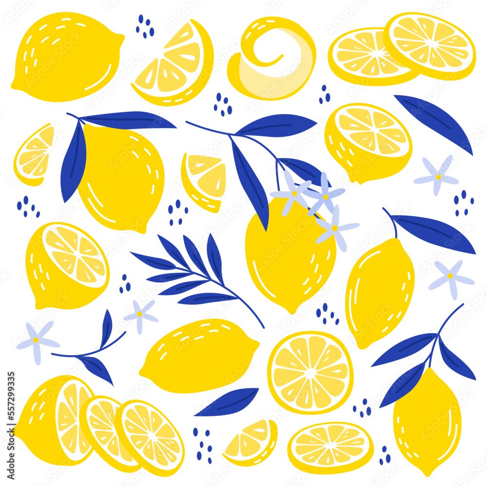 Lemons flat icons set. Oval citrus fruit with thick yellow skin. Slice of fresh vitamin and juicy fruit