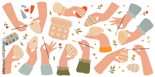 Hands are painting flat icons set. Painting and decorating of easter eggs, colorful small brushes, acrylic palette