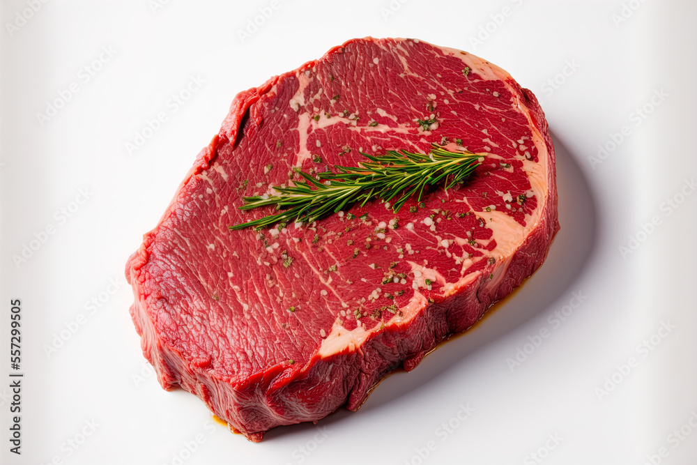 Steak of raw beef, white backdrop, isolated. The majority of red meat fillets consumed worldwide are beef. Generative AI