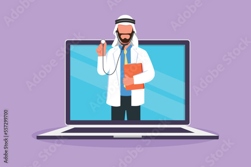 Cartoon flat style drawing Arabian male doctor comes out of laptop computer screen holding stethoscope. Online medical services. Digital app healthcare consultation. Graphic design vector illustration