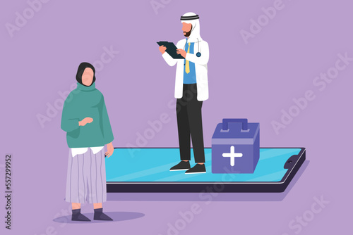 Graphic flat design drawing Arabian male doctor standing on smartphone screen and talking with female patient. Digital online medical healthcare service consultation. Cartoon style vector illustration