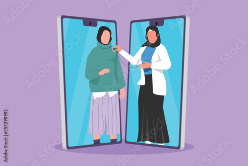 Character flat drawing two smartphones facing each other with Arab female doctor checking heart rate of female patient using stethoscope. Online doctor medical app. Cartoon design vector illustration