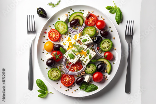 Traditional Greek salad with feta cheese, olives, and fresh veggies. wholesome food alone against a white backdrop. a top view. Generative AI