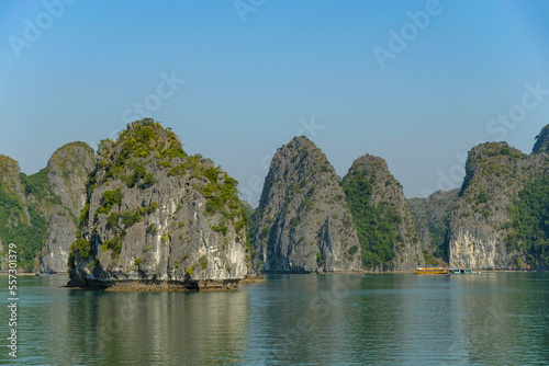 Cat Ba, Vietnam - December 21, 2022: A fishing boats in Lan Ha Bay in Cat Ba, Vietnam.