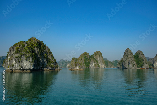 Cat Ba, Vietnam - December 21, 2022: A fishing boats in Lan Ha Bay in Cat Ba, Vietnam.