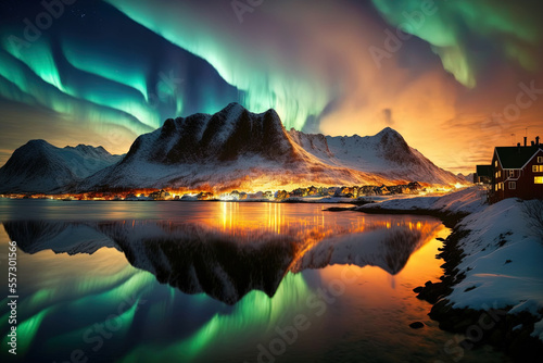 Tromso, Norway's Lofoten Islands provide stunning views of the aurora borealis in the nighttime sky. Generative AI