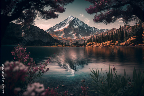 a lake with trees and flowers in front of a mountain