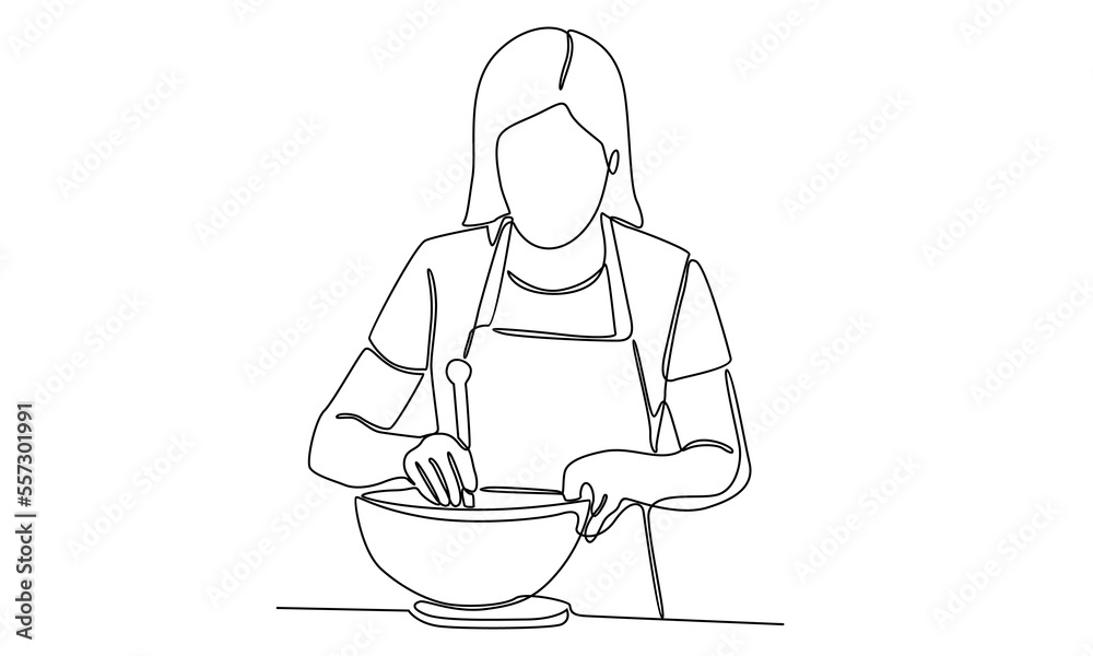 Continuous line of woman cooking food Continuous line of woman cooking food