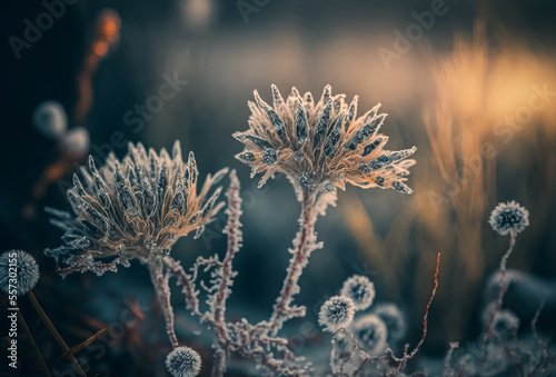Some frozen beautiful plants covered with ice. Winter background. 