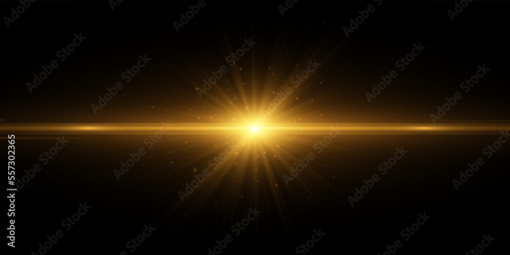 Golden light effect with sparks isolated on black background. Yellow flare. Blue rays. Vector illustration