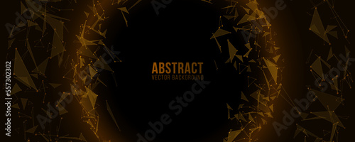 Geometric abstract banner of flying plexus triangles on black background. Futuristic background for your design. Vector illustration