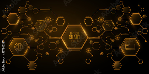 Futuristic modern chart from glowing hexagonal frames for your hi-tech design. Digital sci-fi diagram. Vector illustration