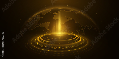 Digital world map with HUD elements. Earth hologram with golden glow. Sci-fi global network. Technology background. Vector illustration