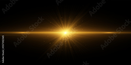 Golden light effect with sparks isolated on black background. Yellow flare. Blue rays. Vector illustration photo
