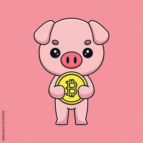 cute pig holding bitcoin cartoon mascot doodle art hand drawn outline concept vector kawaii icon illustration