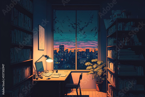 A city at night as seen from a window. anime, manga, and lofi. desk for studying. Cool, inviting, and comfy space. messy setting Digital artwork of a serene, bright apartment. 4K backdrop, wallpaper photo