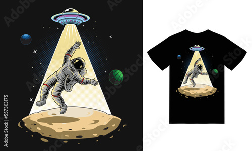 Ufo catching astronaut in the space illustration with tshirt design premium vector