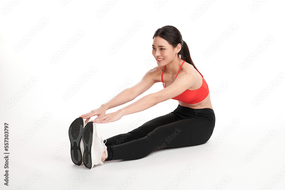 Fototapeta premium Beautiful young asian sport woman with sportswear ready for exercise on white background, Advertising sportswear and yoga wear, Healthy lifestyle, sport.