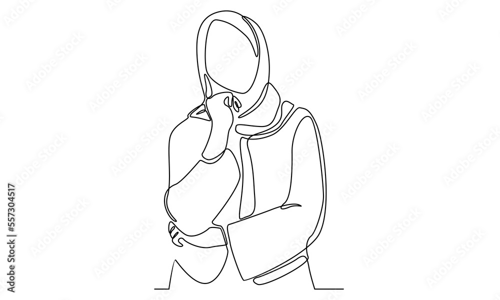 Continuous line of Islamic arabic pensive female in hijab scarf