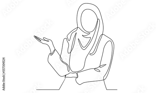 Continuous line of hijab woman presenting hand style in a meeting