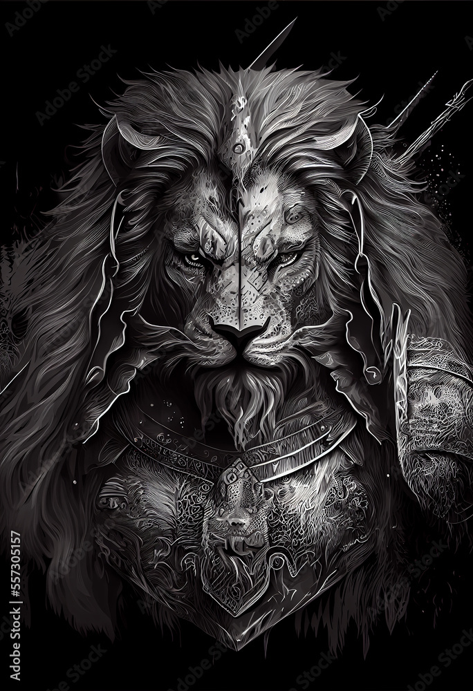 Lion warrior black and white pen art generative art Lion warrior black and white pen art generative art