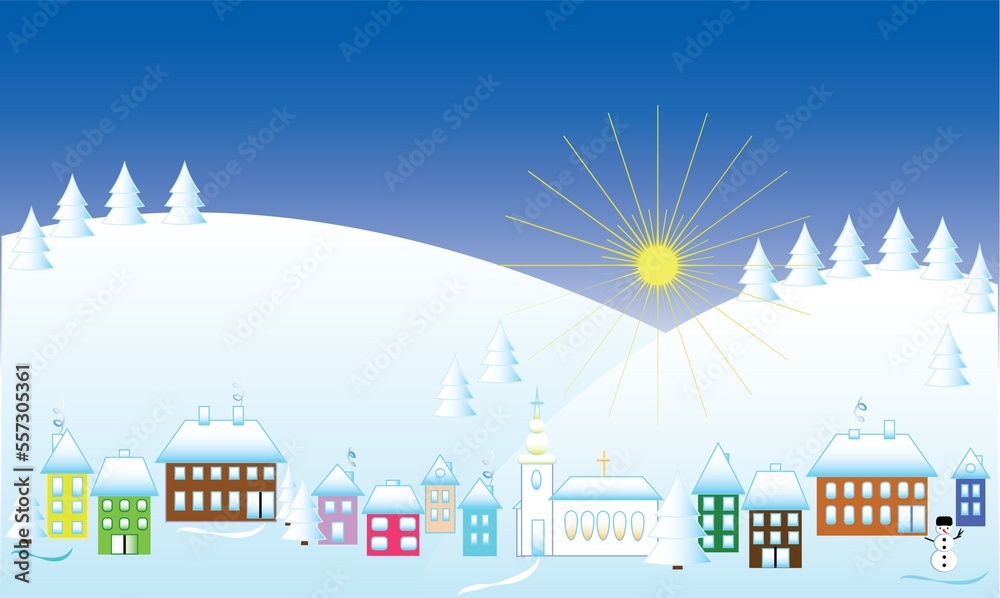 A colorful picture of a small town in a winter snowy landscape. Landscape motif with houses to advertise for winter mountain holidays and holidays.
