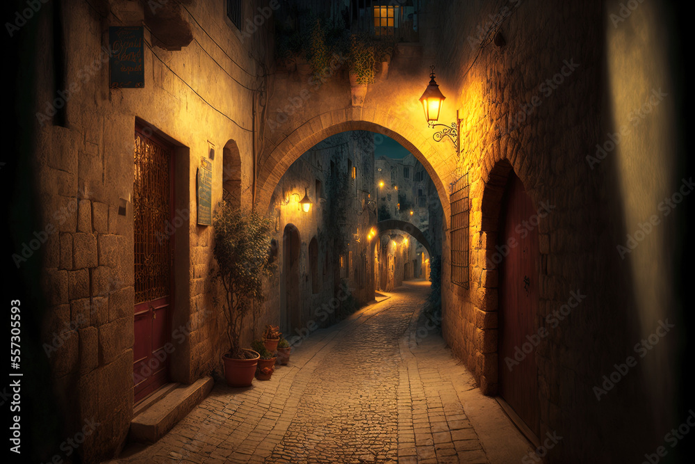 Fototapeta premium fascinating street in Jerusalem's old city at night. Generative AI