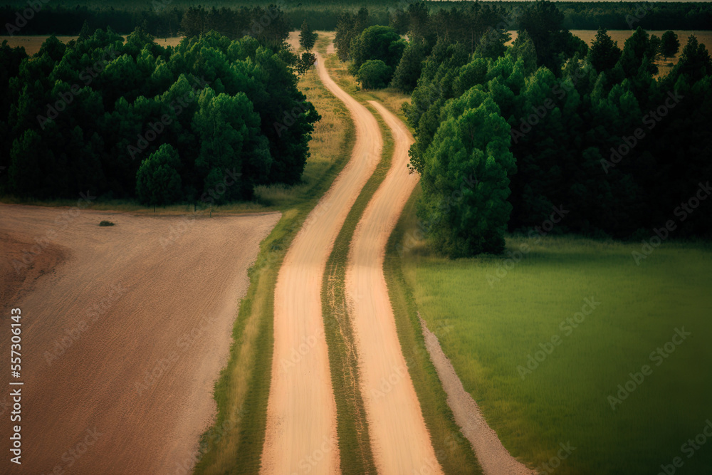 overhead image of a gravel road in the country. Generative AI