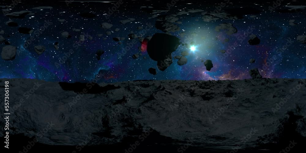 360 degree 4k space video with Asteroid surface and asteroid field, equirectangular projection, environment map. HDRI spherical panorama.	