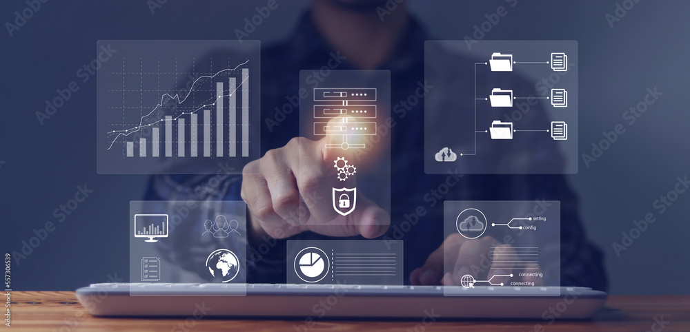 Business analytics and data management system Data analysts create insightful dashboards with data process workflows, KPI reports with metrics connected to financial, operations, marketing databases.