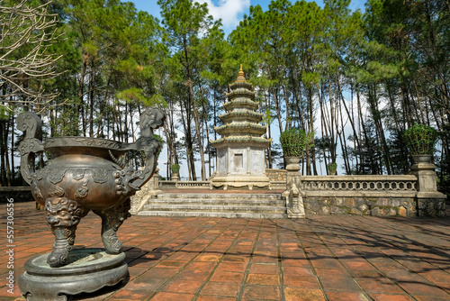 Hue, Vietnam - December 25, 2022: Views of the Thien Mu Pagoda in Hue, Vietnam.