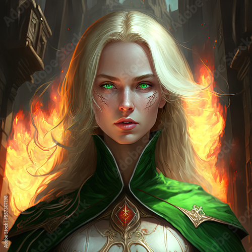 Beautiful elf girl archer in a forest with fire, blonde hair and green eyes, cute women arquera, fighter female warrior high rank. Generative AI