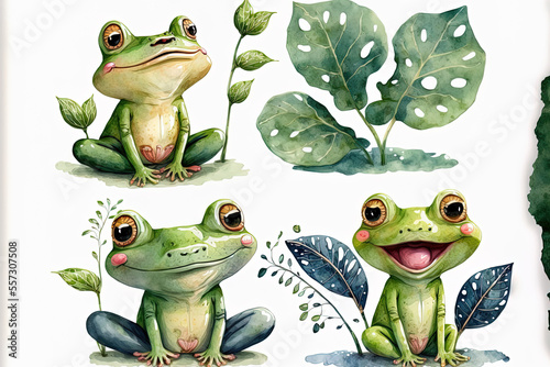 Funny frog watercolor set in different poses on a white background with a lotus leaf and flower Fototapet