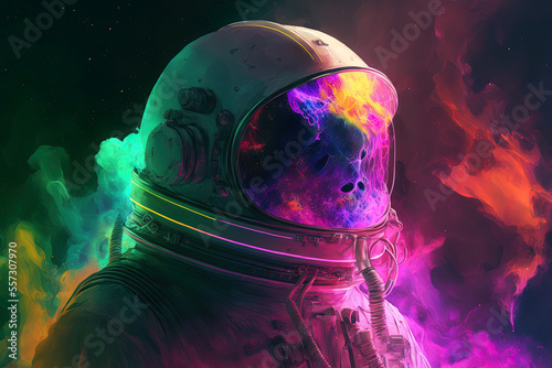 Illustration of a neon astronaut wearing a space helmet in the midst of colorful smoke. Generative AI