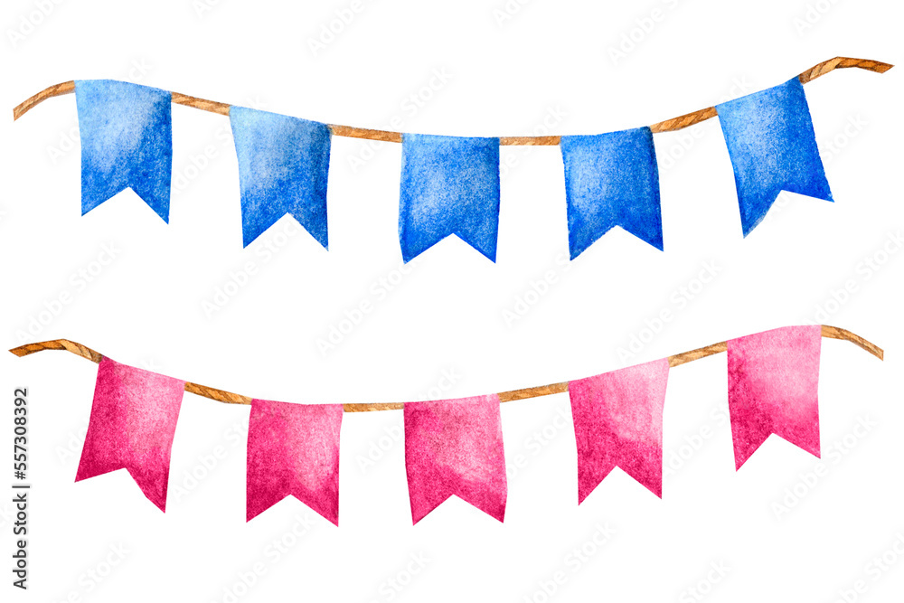 Fototapeta premium Set with pink and blue flags. Hand drawn watercolor illustration isolated on white background. For baby shower or gender party