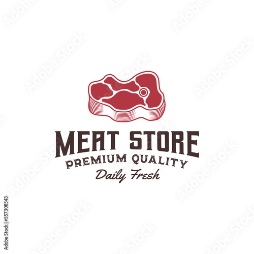 labels badges emblems and logo design elements for meat store or butchery market, vector vintage badge label of steak house, bistro, beef, restaurant, grilled food and cafe
